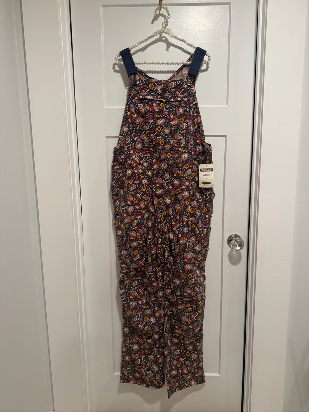 Duluth Trading Co Navy hedgehog 🦔 and mushrooms 🍄 Print Overalls Jumpsuit